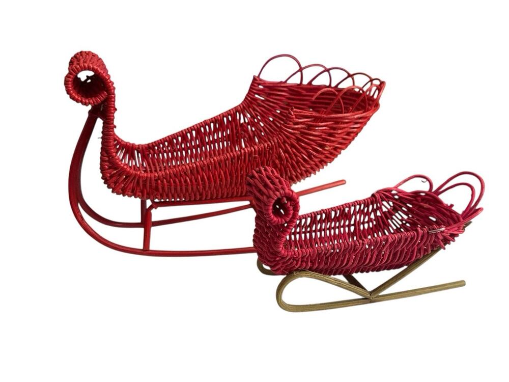 VTG Wicker Sleigh Set MCM Red Christmas Holiday Decor Sled 6” & 12”